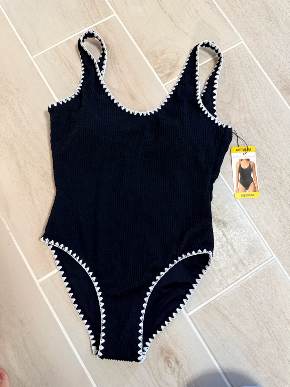 Betsey Johnson Black One-Piece Swimsuit with White Crotchet Trim new w/tags sz S